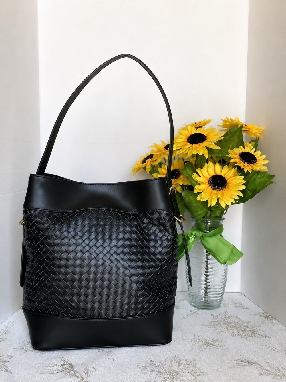 Valentina Fiora Black Leather Basket Weave- Elegant Tote With Cross Body Strap